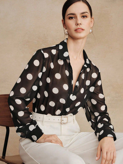 Anewsta Essential High Quality Fashionable French Retro Elegant Polka Dot Chiffon Long Sleeve Blouse, Versatile Shirt For Commuting, Vacation Outfits Women