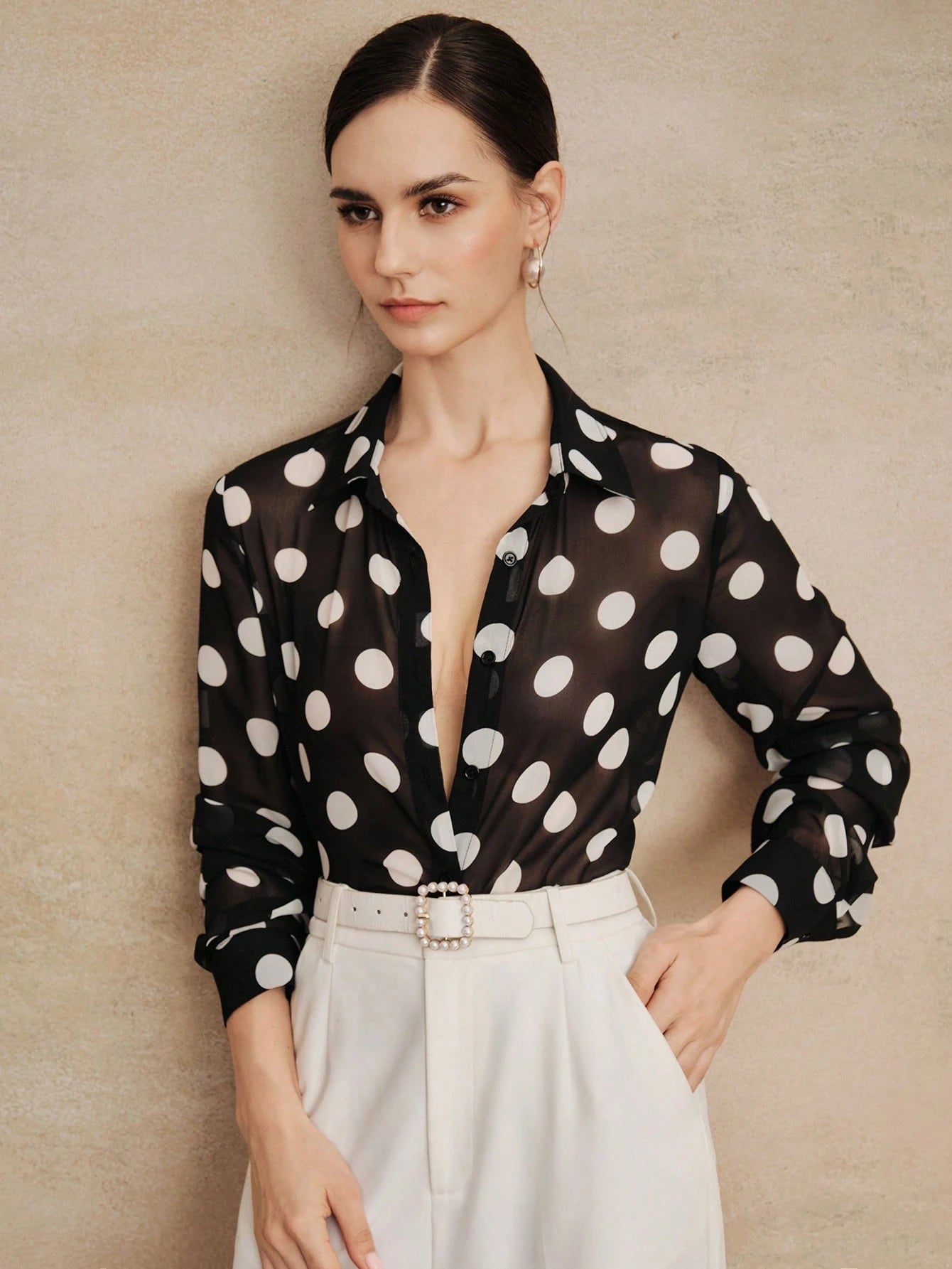 Anewsta Essential High Quality Fashionable French Retro Elegant Polka Dot Chiffon Long Sleeve Blouse, Versatile Shirt For Commuting, Vacation Outfits Women