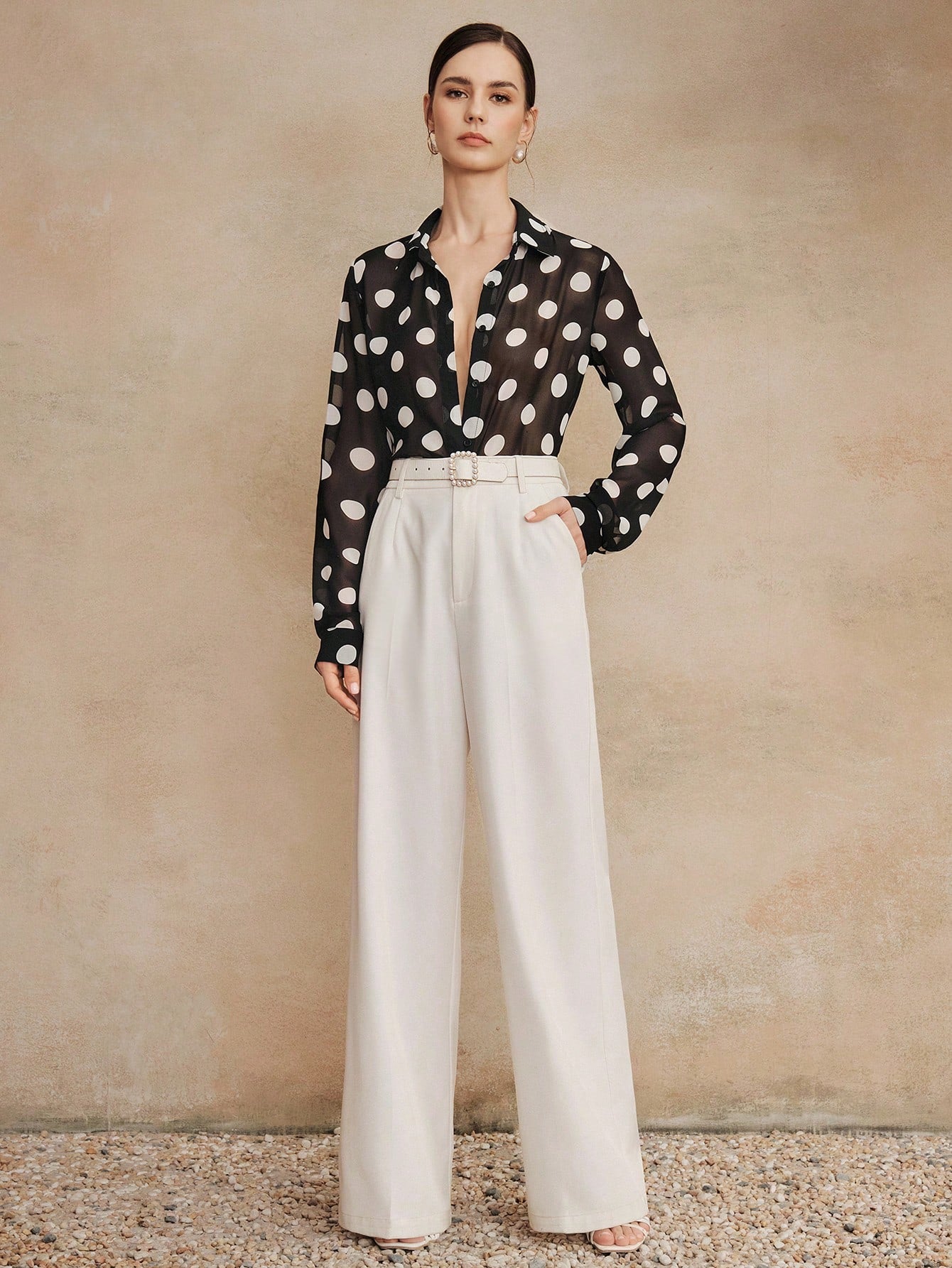 Anewsta Essential High Quality Fashionable French Retro Elegant Polka Dot Chiffon Long Sleeve Blouse, Versatile Shirt For Commuting, Vacation Outfits Women