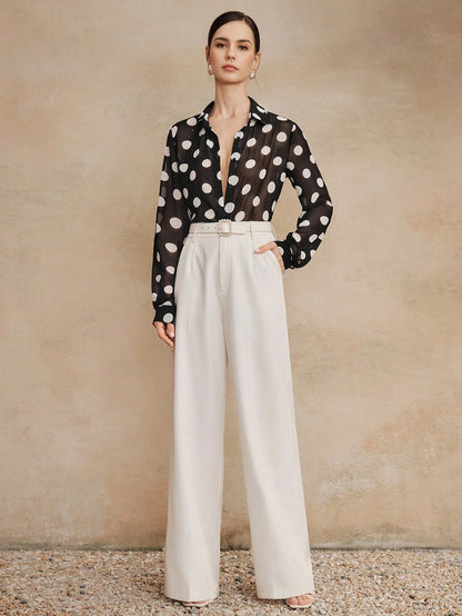 Anewsta Essential High Quality Fashionable French Retro Elegant Polka Dot Chiffon Long Sleeve Blouse, Versatile Shirt For Commuting, Vacation Outfits Women