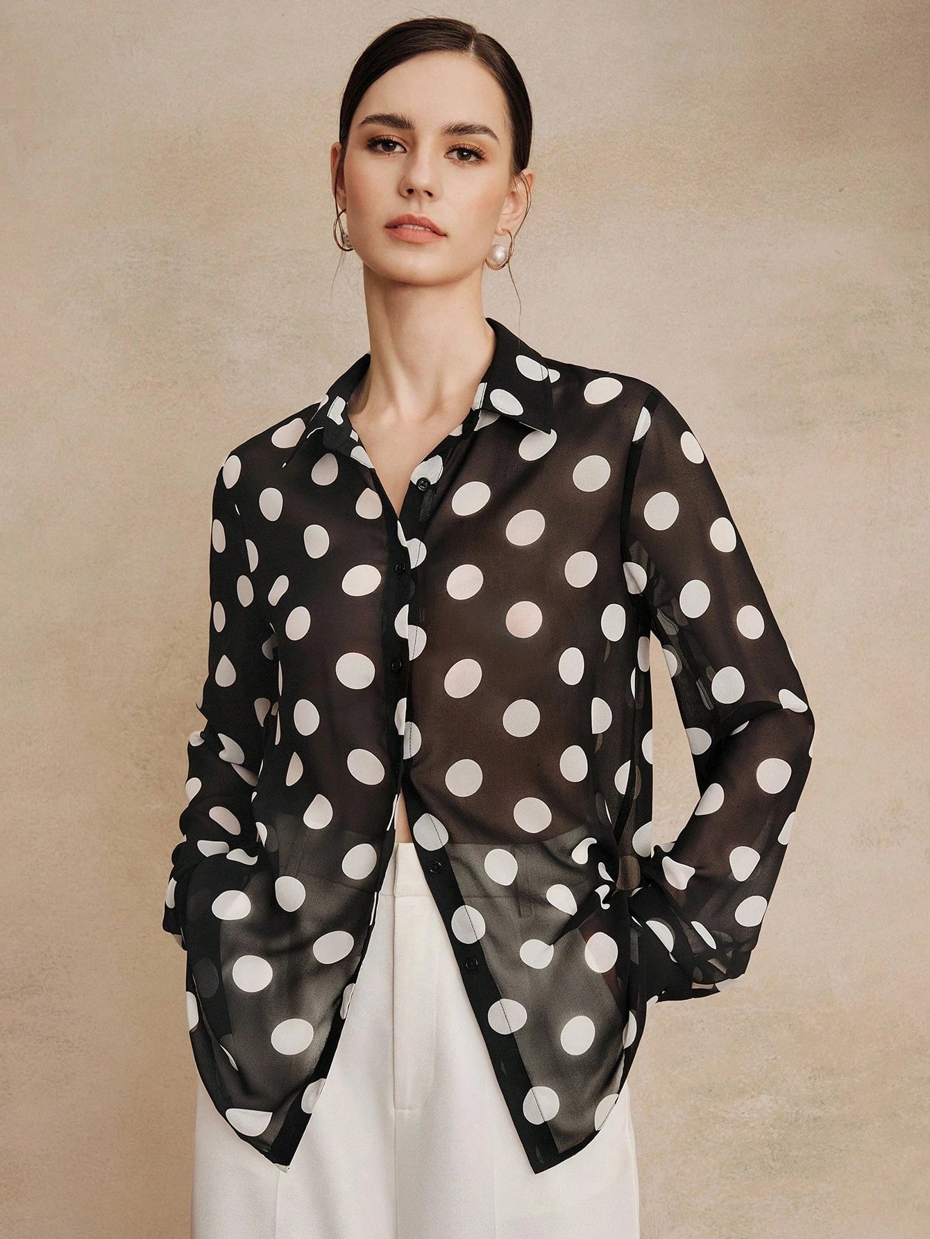 Anewsta Essential High Quality Fashionable French Retro Elegant Polka Dot Chiffon Long Sleeve Blouse, Versatile Shirt For Commuting, Vacation Outfits Women