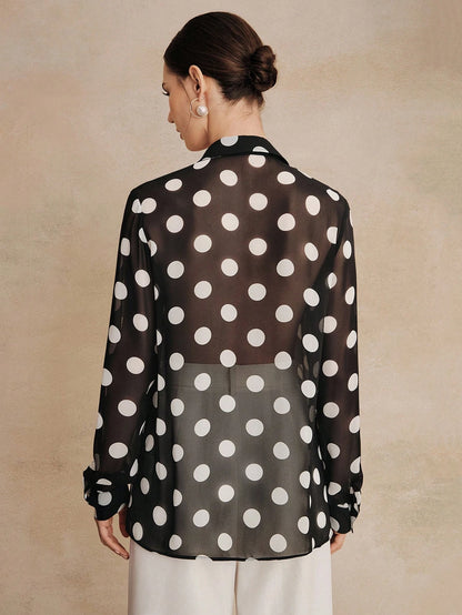 Anewsta Essential High Quality Fashionable French Retro Elegant Polka Dot Chiffon Long Sleeve Blouse, Versatile Shirt For Commuting, Vacation Outfits Women