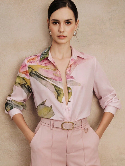 Anewsta New Arrival Spring/Summer Elegant Fashion Floral Print Chiffon Long Sleeve Blouse For Women, Suitable For Outing, Party, Holiday, Work