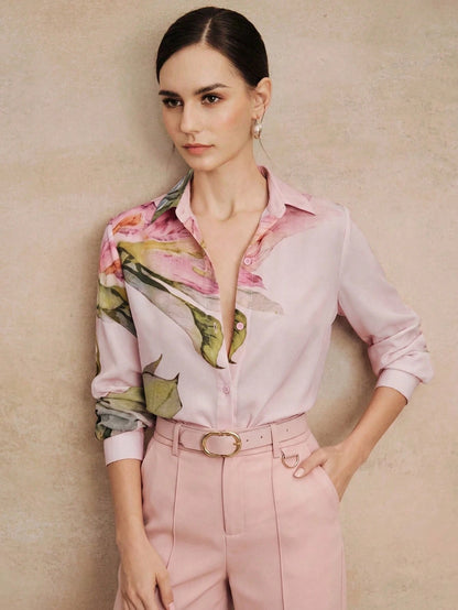Anewsta New Arrival Spring/Summer Elegant Fashion Floral Print Chiffon Long Sleeve Blouse For Women, Suitable For Outing, Party, Holiday, Work