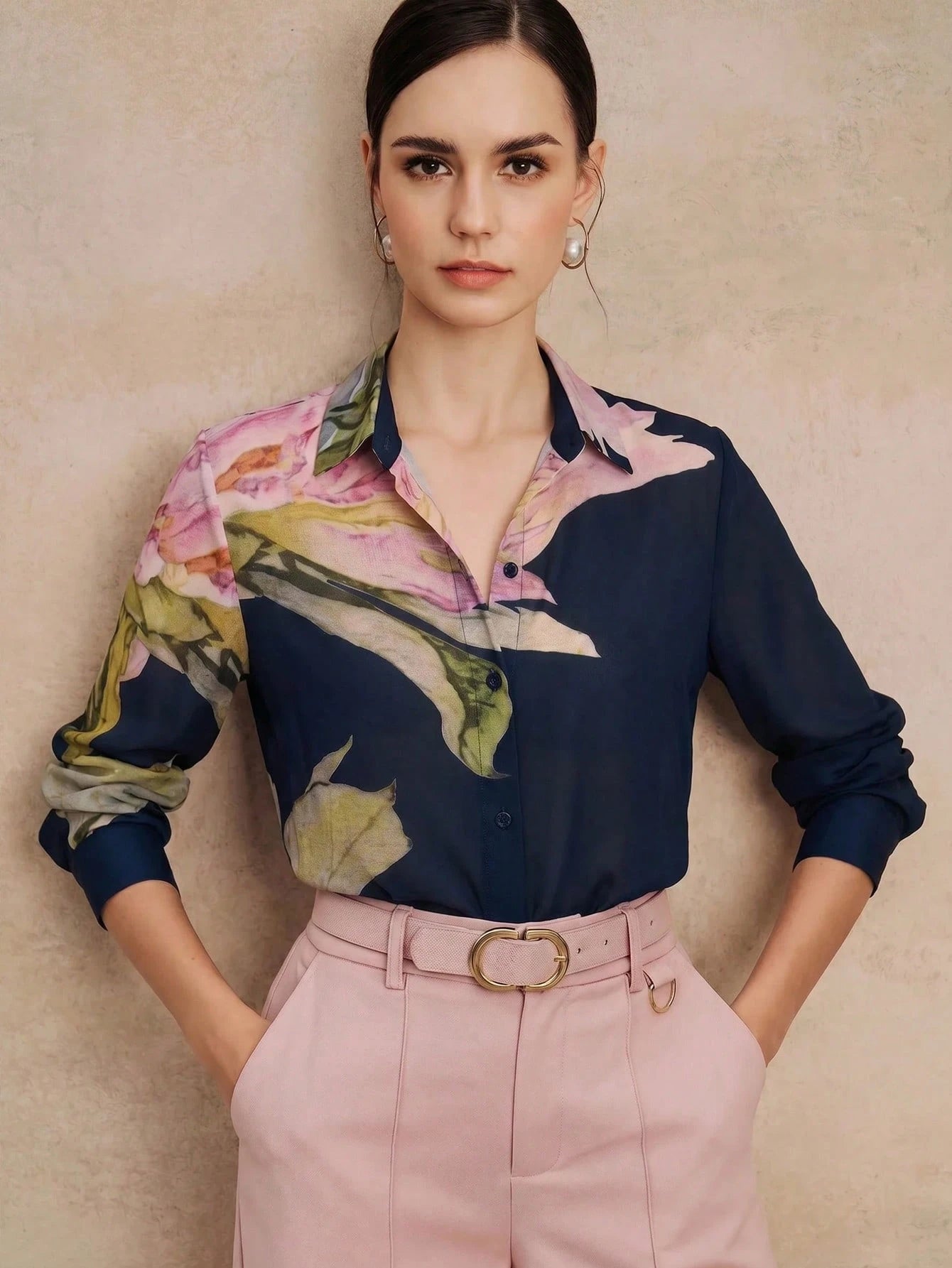Anewsta New Arrival Spring/Summer Elegant Fashion Floral Print Chiffon Long Sleeve Blouse For Women, Suitable For Outing, Party, Holiday, Work