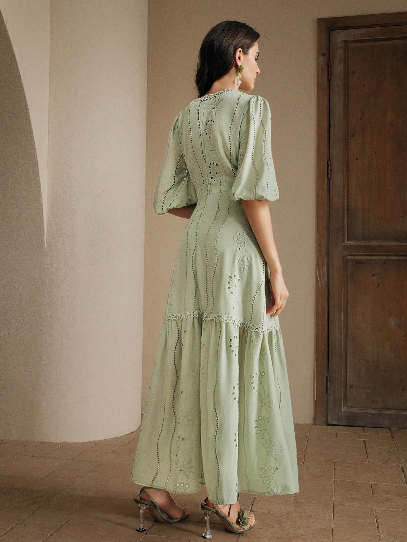 Anewsta White V-Neck Slit Lace Elegant Floor-Length Dress Maxi Women Outfit