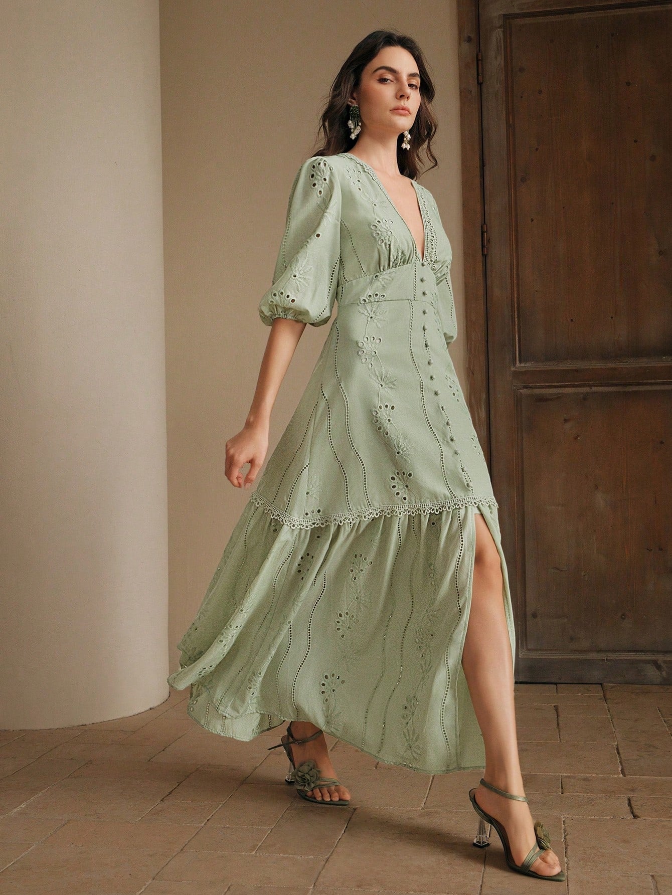 Anewsta White V-Neck Slit Lace Elegant Floor-Length Dress Maxi Women Outfit