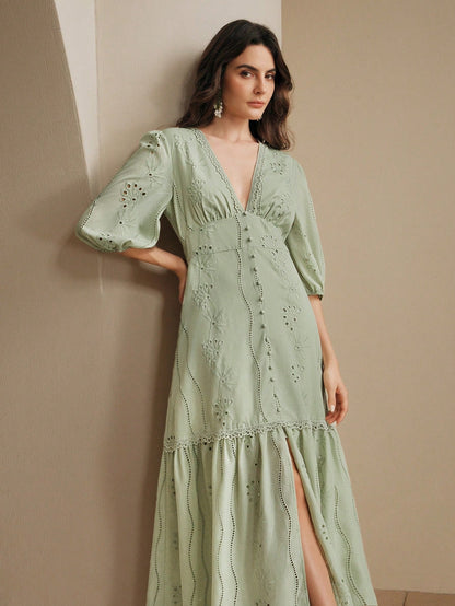 Anewsta White V-Neck Slit Lace Elegant Floor-Length Dress Maxi Women Outfit