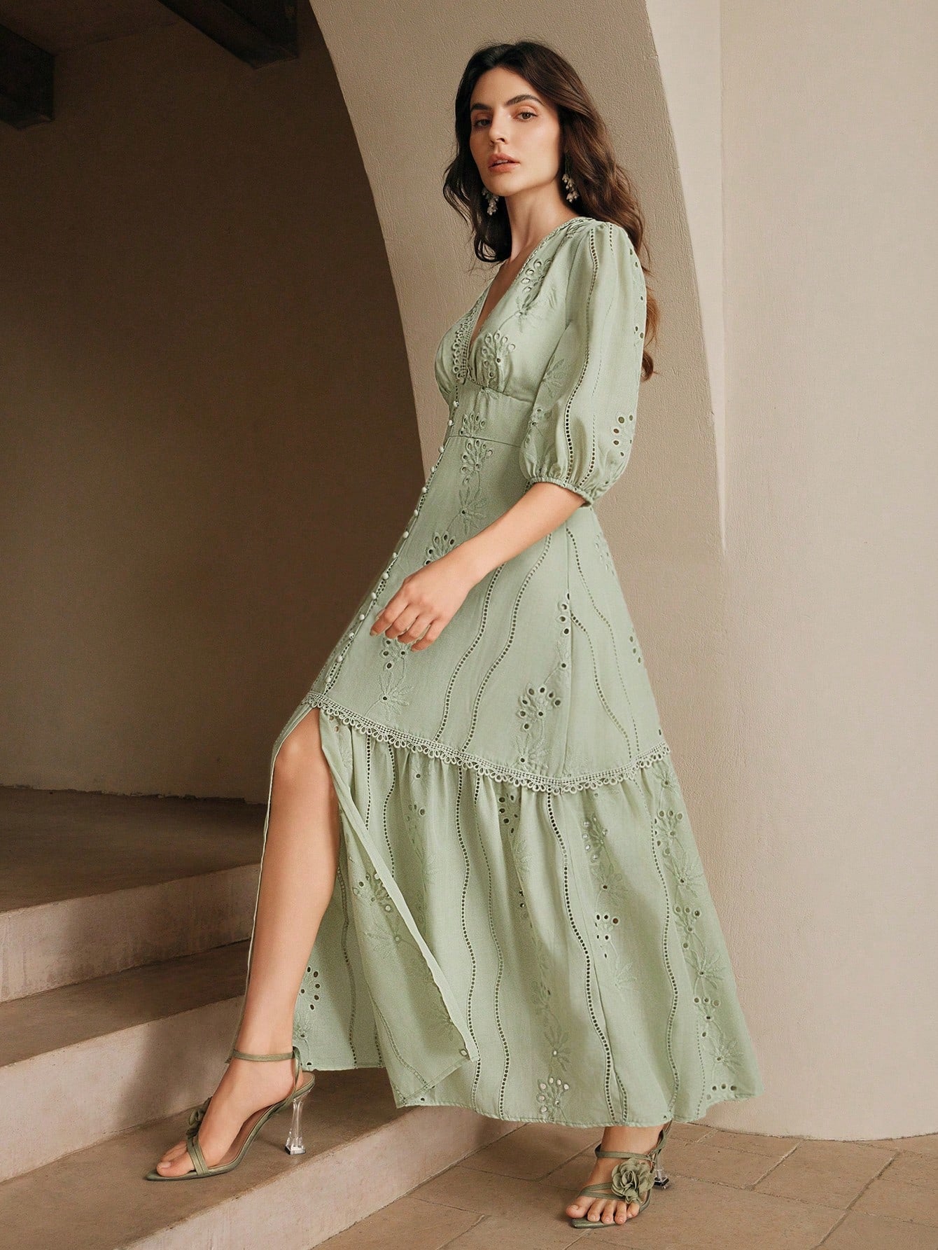 Anewsta White V-Neck Slit Lace Elegant Floor-Length Dress Maxi Women Outfit