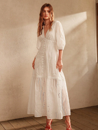 Anewsta White V-Neck Slit Lace Elegant Floor-Length Dress Maxi Women Outfit