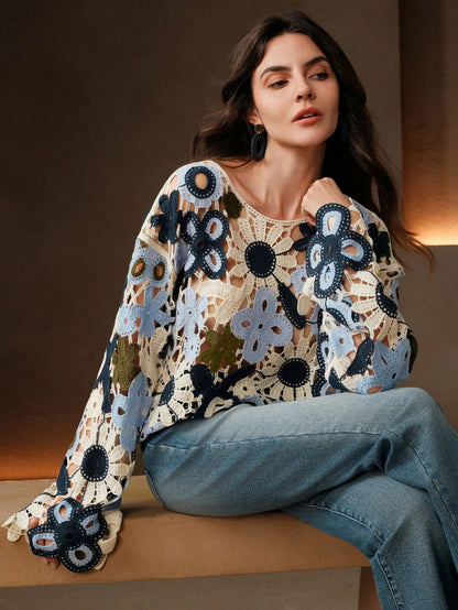 Anewsta Women Flower Hollow Knitted Long Sleeve Pullover Cover Up For Summer Beach Vacation
