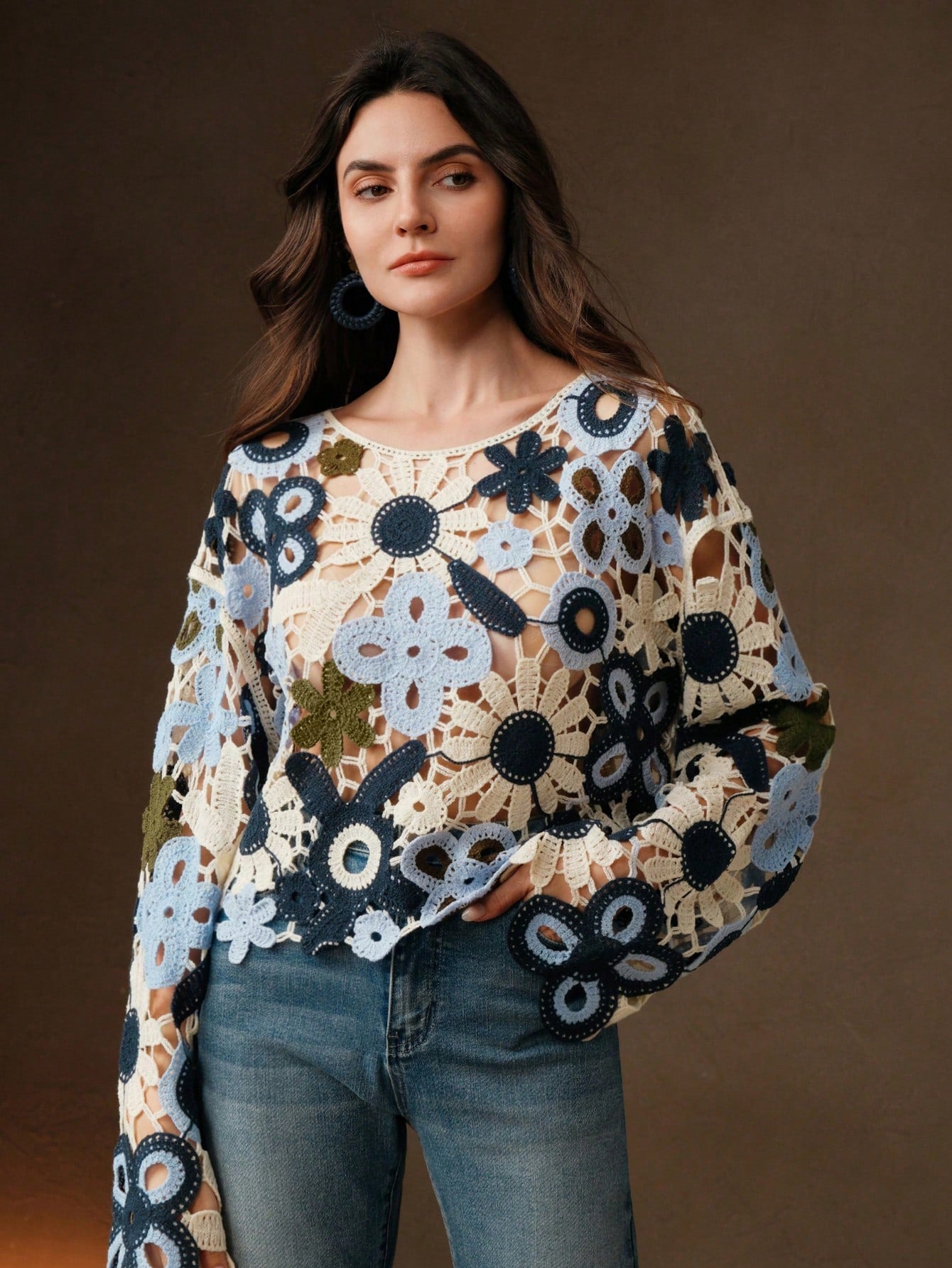Anewsta Women Flower Hollow Knitted Long Sleeve Pullover Cover Up For Summer Beach Vacation