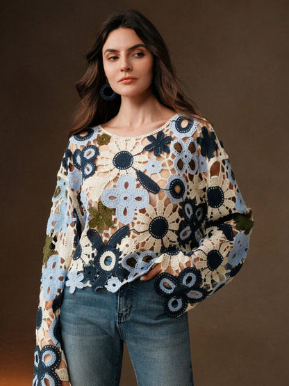 Anewsta Women Flower Hollow Knitted Long Sleeve Pullover Cover Up For Summer Beach Vacation