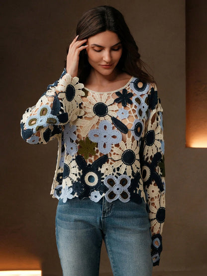 Anewsta Women Flower Hollow Knitted Long Sleeve Pullover Cover Up For Summer Beach Vacation