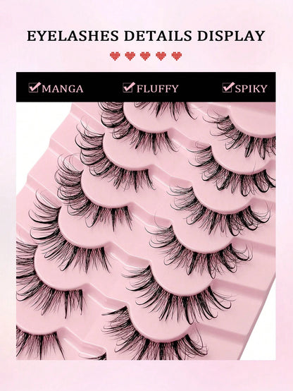 Asiteo 7 Pairs 20mm Cartoon Slim Natural Wet Effect Faux Mink Eyelashes, Transparent Band, Y2K Style 3D Fluffy Long Cat Eye Natural Exaggerated Eyelash Extension Set Makeup Tool