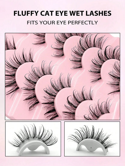 Asiteo 7 Pairs 20mm Cartoon Slim Natural Wet Effect Faux Mink Eyelashes, Transparent Band, Y2K Style 3D Fluffy Long Cat Eye Natural Exaggerated Eyelash Extension Set Makeup Tool