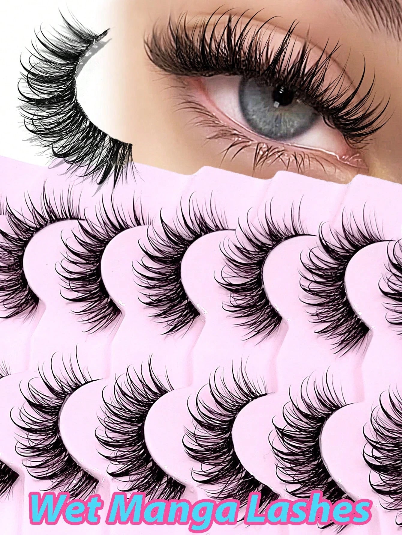 Asiteo 7 Pairs 20mm Cartoon Slim Natural Wet Effect Faux Mink Eyelashes, Transparent Band, Y2K Style 3D Fluffy Long Cat Eye Natural Exaggerated Eyelash Extension Set Makeup Tool