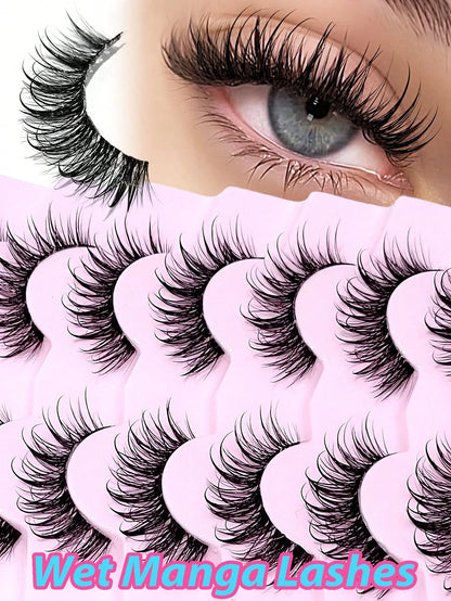 Asiteo 7 Pairs 20mm Cartoon Slim Natural Wet Effect Faux Mink Eyelashes, Transparent Band, Y2K Style 3D Fluffy Long Cat Eye Natural Exaggerated Eyelash Extension Set Makeup Tool