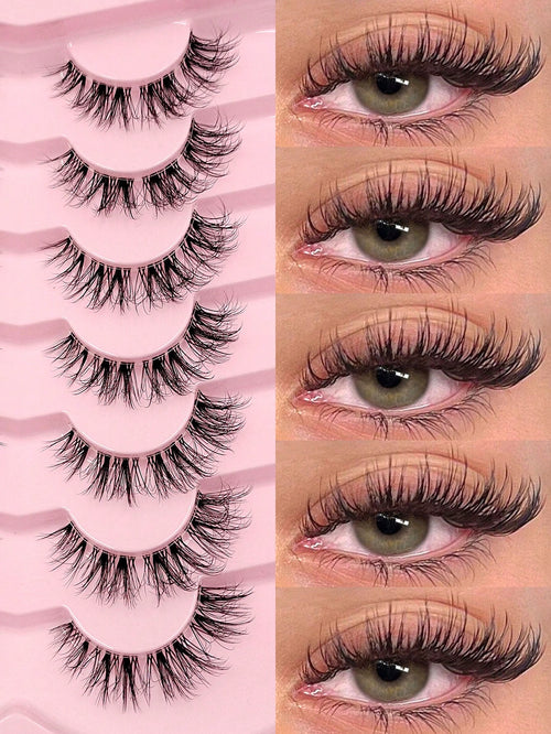 Asiteo 7 Pairs Natural Messy Cat Eye False Eyelashes, Transparent Band, Cat Eye Makeup Effect, Thin & Long, Extended Outer Corner, Soft & Natural Looking False Lashes