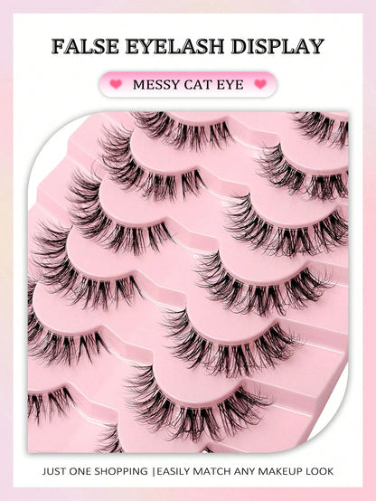 Asiteo 7 Pairs Natural Messy Cat Eye False Eyelashes, Transparent Band, Cat Eye Makeup Effect, Thin & Long, Extended Outer Corner, Soft & Natural Looking False Lashes