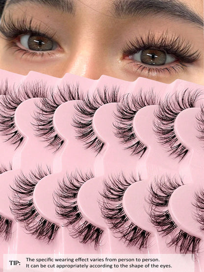 Asiteo 7 Pairs Natural Messy Cat Eye False Eyelashes, Transparent Band, Cat Eye Makeup Effect, Thin & Long, Extended Outer Corner, Soft & Natural Looking False Lashes