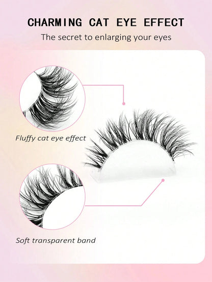 Asiteo 7 Pairs Natural Messy Cat Eye False Eyelashes, Transparent Band, Cat Eye Makeup Effect, Thin & Long, Extended Outer Corner, Soft & Natural Looking False Lashes