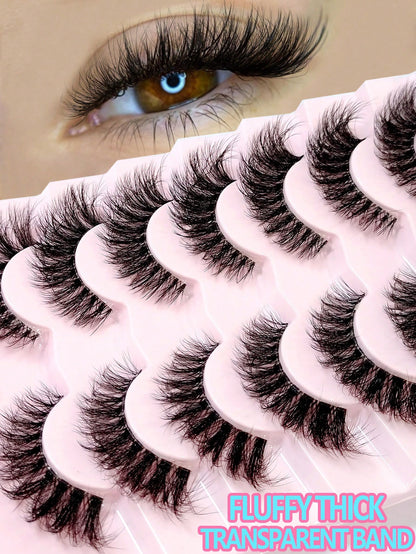Asiteo 7 Pairs Natural Messy Cat Eye False Eyelashes, Transparent Band, Cat Eye Makeup Effect, Thin & Long, Extended Outer Corner, Soft & Natural Looking False Lashes