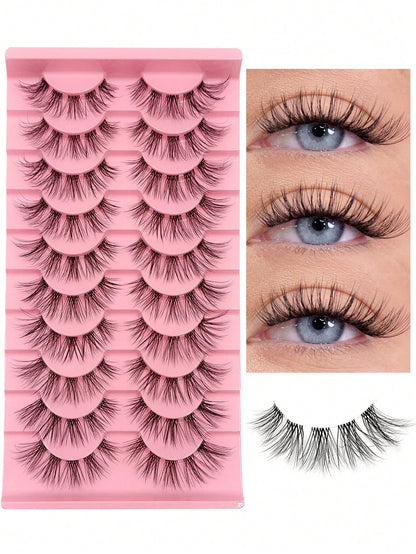 Asiteo 9 Pairs Cat Eye False Eyelashes, Fluffy Messy Natural Long Transparent Band Fake Lashes, Flared Ends To Elongate Eyes, Faux Mink Lashes, Makeup False Eyelashes