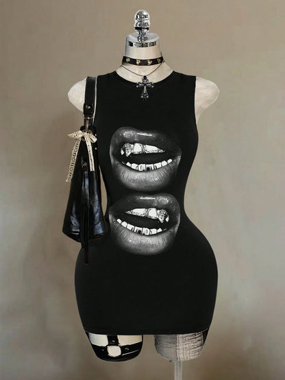 Attitoon Women's Lip Print Sleeveless Bodycon Dress,Black And White,Summer,Punk,Club, Y2K Street Style,Vintage Academia,Boho Hippie Music Festival Style