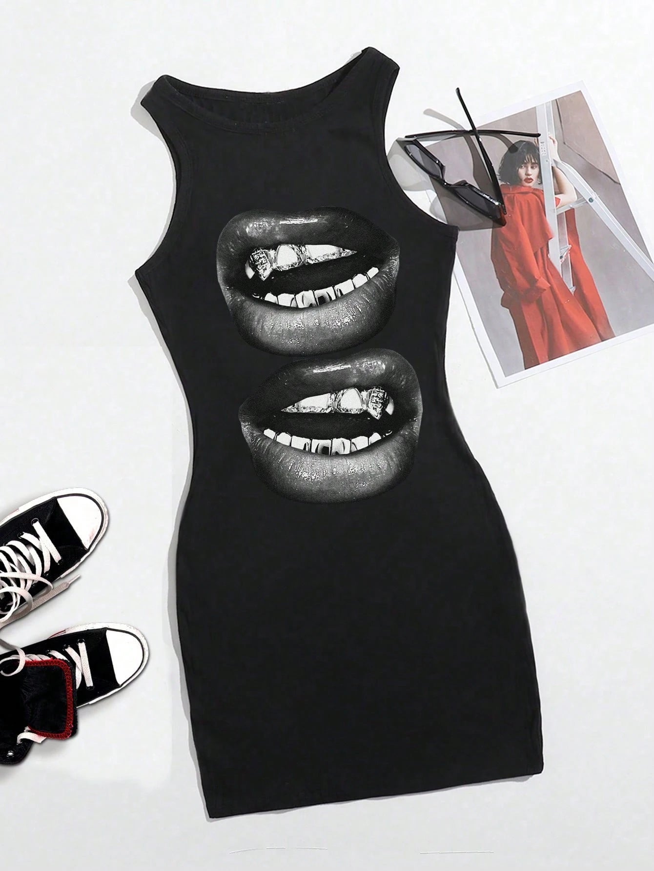 Attitoon Women's Lip Print Sleeveless Bodycon Dress,Black And White,Summer,Punk,Club, Y2K Street Style,Vintage Academia,Boho Hippie Music Festival Style