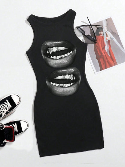 Attitoon Women's Lip Print Sleeveless Bodycon Dress,Black And White,Summer,Punk,Club, Y2K Street Style,Vintage Academia,Boho Hippie Music Festival Style