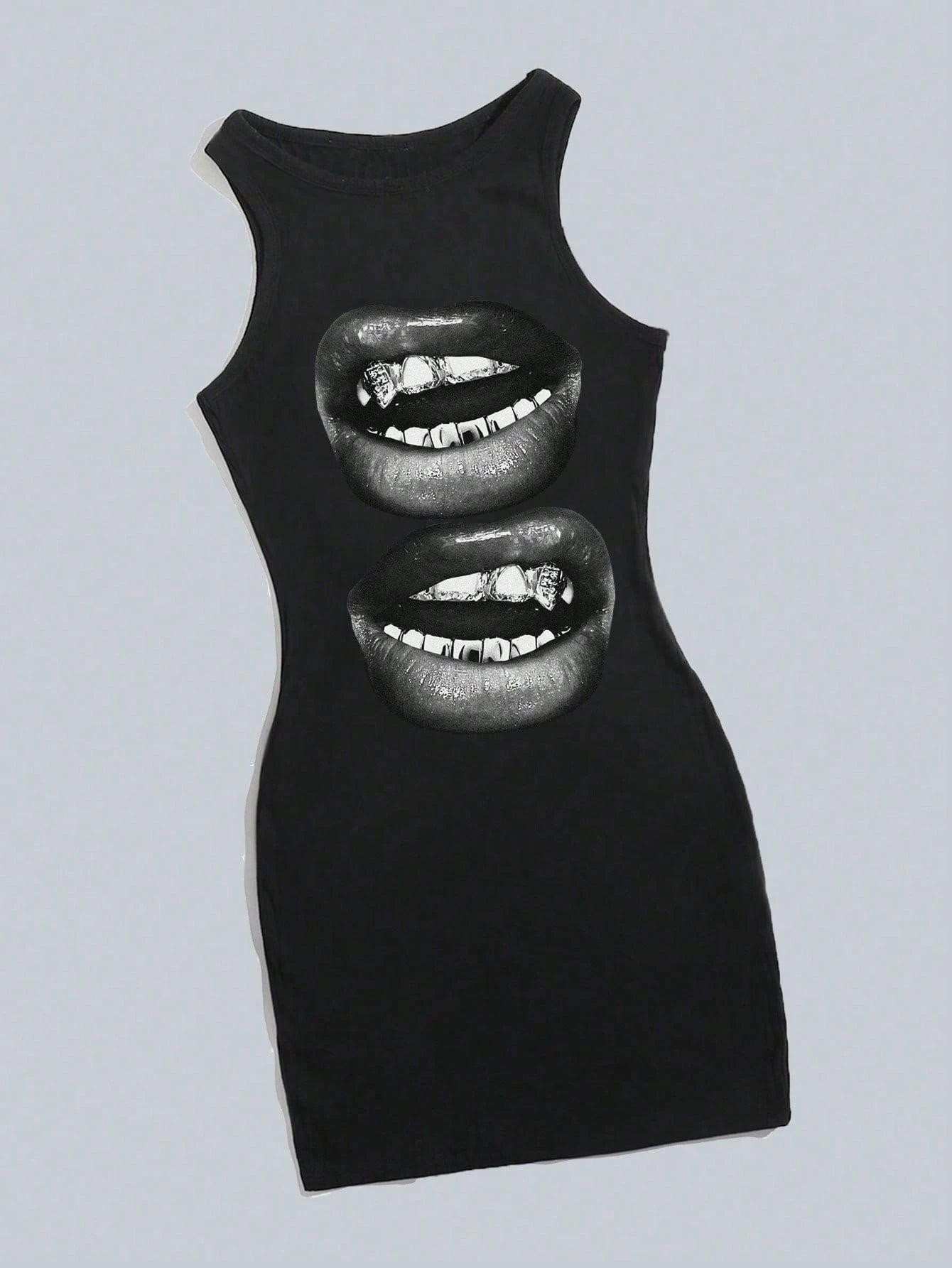 Attitoon Women's Lip Print Sleeveless Bodycon Dress,Black And White,Summer,Punk,Club, Y2K Street Style,Vintage Academia,Boho Hippie Music Festival Style