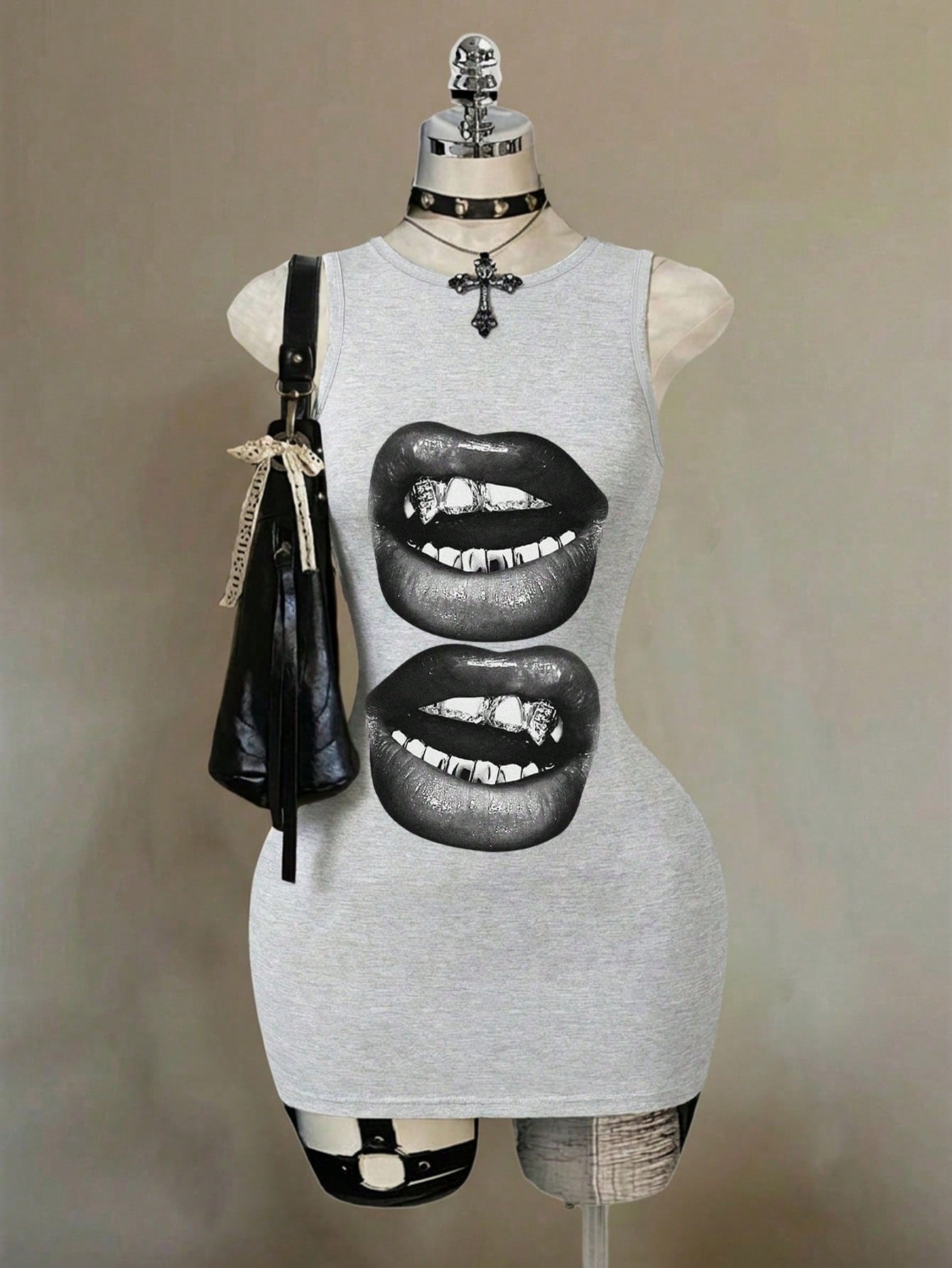 Attitoon Women's Lip Print Sleeveless Bodycon Dress,Black And White,Summer,Punk,Club, Y2K Street Style,Vintage Academia,Boho Hippie Music Festival Style