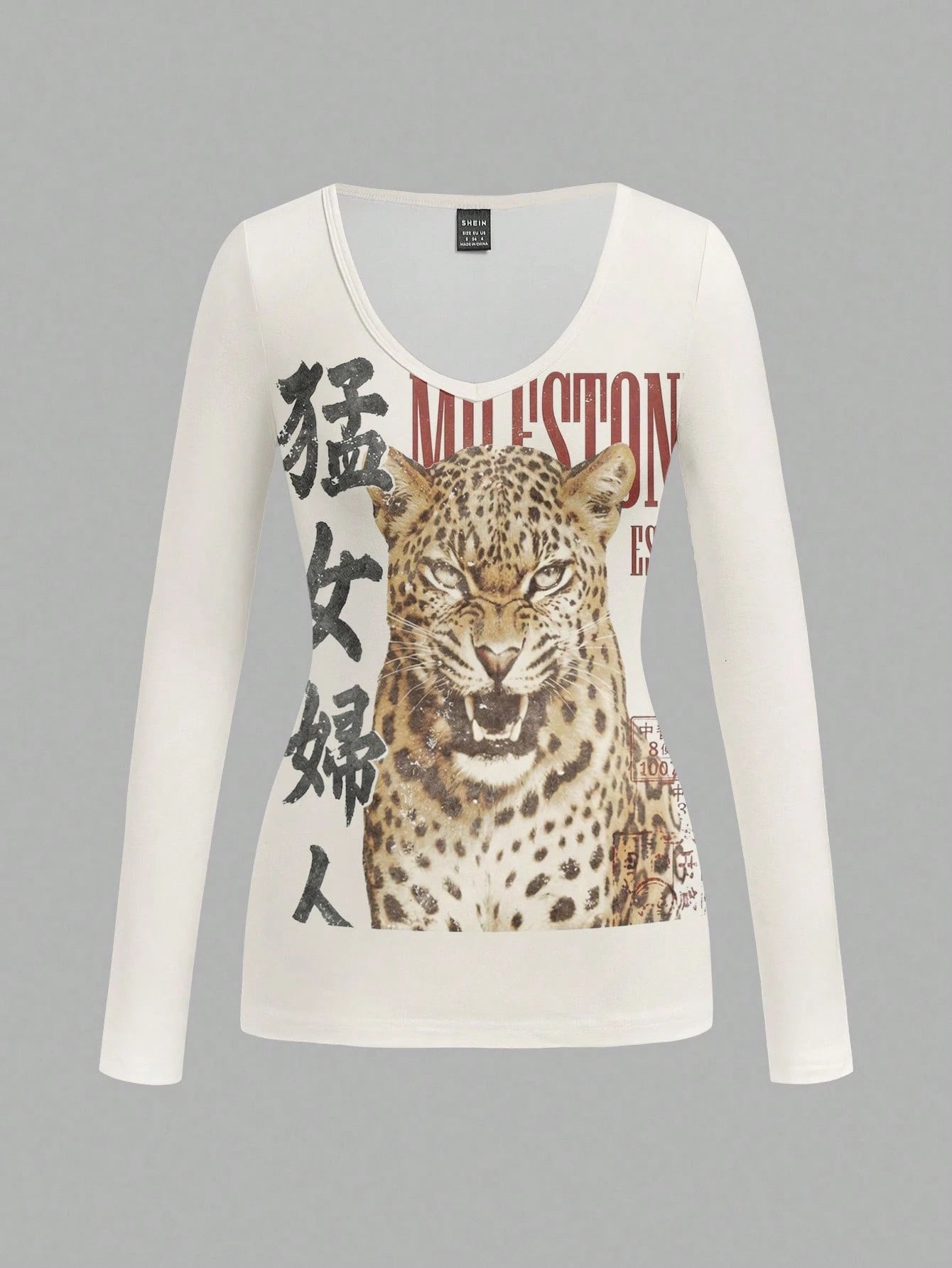 Attitoon Women's V-Neck Slim Fit Long Sleeve T-Shirt, Casual Minimalist Daily Versatile Party Gathering Vintage Punk Airport Y2K Tops, Leopard Chinese Character Distressed Print Pattern T-Shirt, Summe