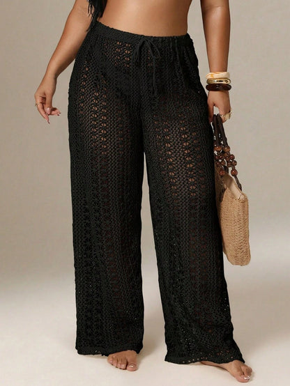 Auralis Plus Size Women Solid Color Hollow Out Waist Tie Cover Up & Pants Swimwear Casual Beach Vacation See Through Net Pants For Women