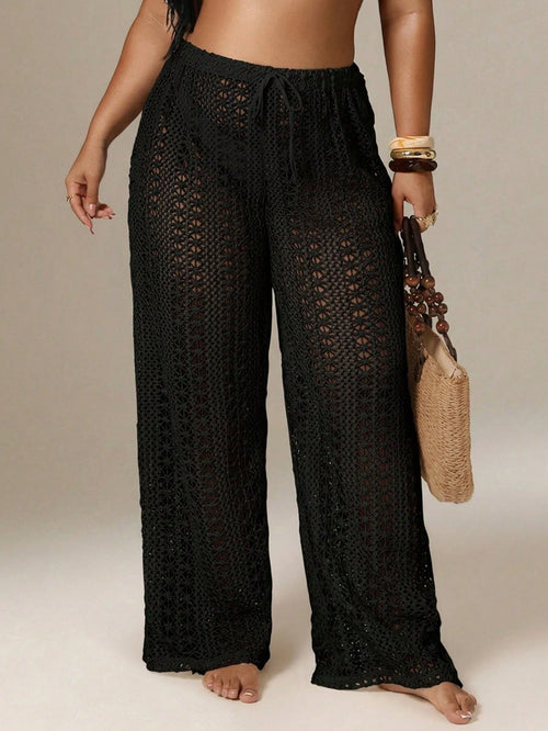 Auralis Plus Size Women Solid Color Hollow Out Waist Tie Cover Up & Pants Swimwear Casual Beach Vacation See Through Net Pants For Women