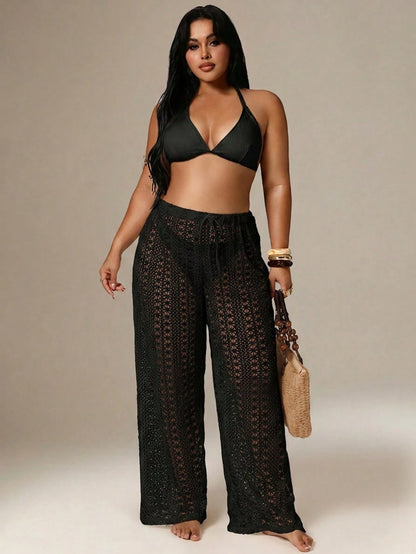 Auralis Plus Size Women Solid Color Hollow Out Waist Tie Cover Up & Pants Swimwear Casual Beach Vacation See Through Net Pants For Women