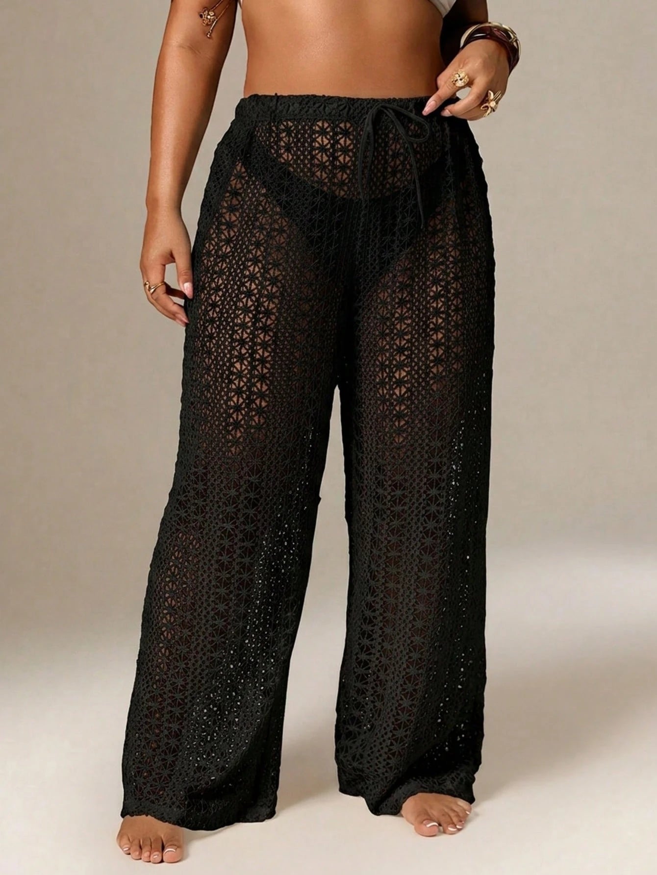 Auralis Plus Size Women Solid Color Hollow Out Waist Tie Cover Up & Pants Swimwear Casual Beach Vacation See Through Net Pants For Women