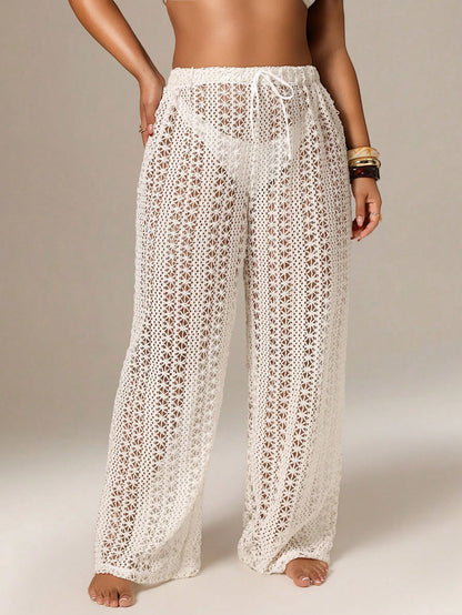 Auralis Plus Size Women Solid Color Hollow Out Waist Tie Cover Up & Pants Swimwear Casual Beach Vacation See Through Net Pants For Women