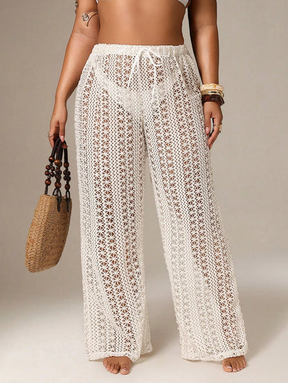Auralis Plus Size Women Solid Color Hollow Out Waist Tie Cover Up & Pants Swimwear Casual Beach Vacation See Through Net Pants For Women