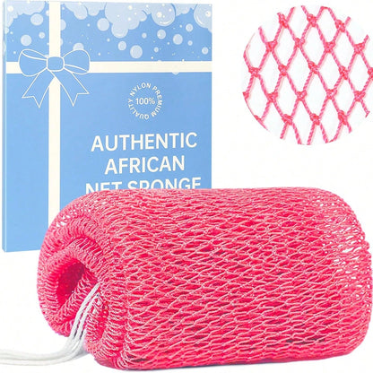 Authentic African Mesh Sponge With Knot, Durable Nylon Bath Brush, Unisex Bath Accessory, Body Scrub Exfoliating Bath Sponge, Removes Dead Skin, Long Flat Design Suitable For Back, Feet And Scalp