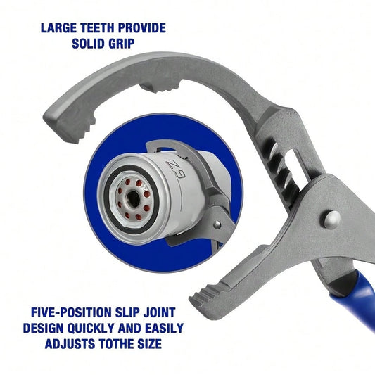 Automotive Oil Filter Pliers Wrench, Adjustable Multi-Size Oil Filter Removal Tool, Serrated Jaw Firm Grip, Comfort Blue Handle, Perfect For Car Motorcycle Truck DIY Oil Change Repair