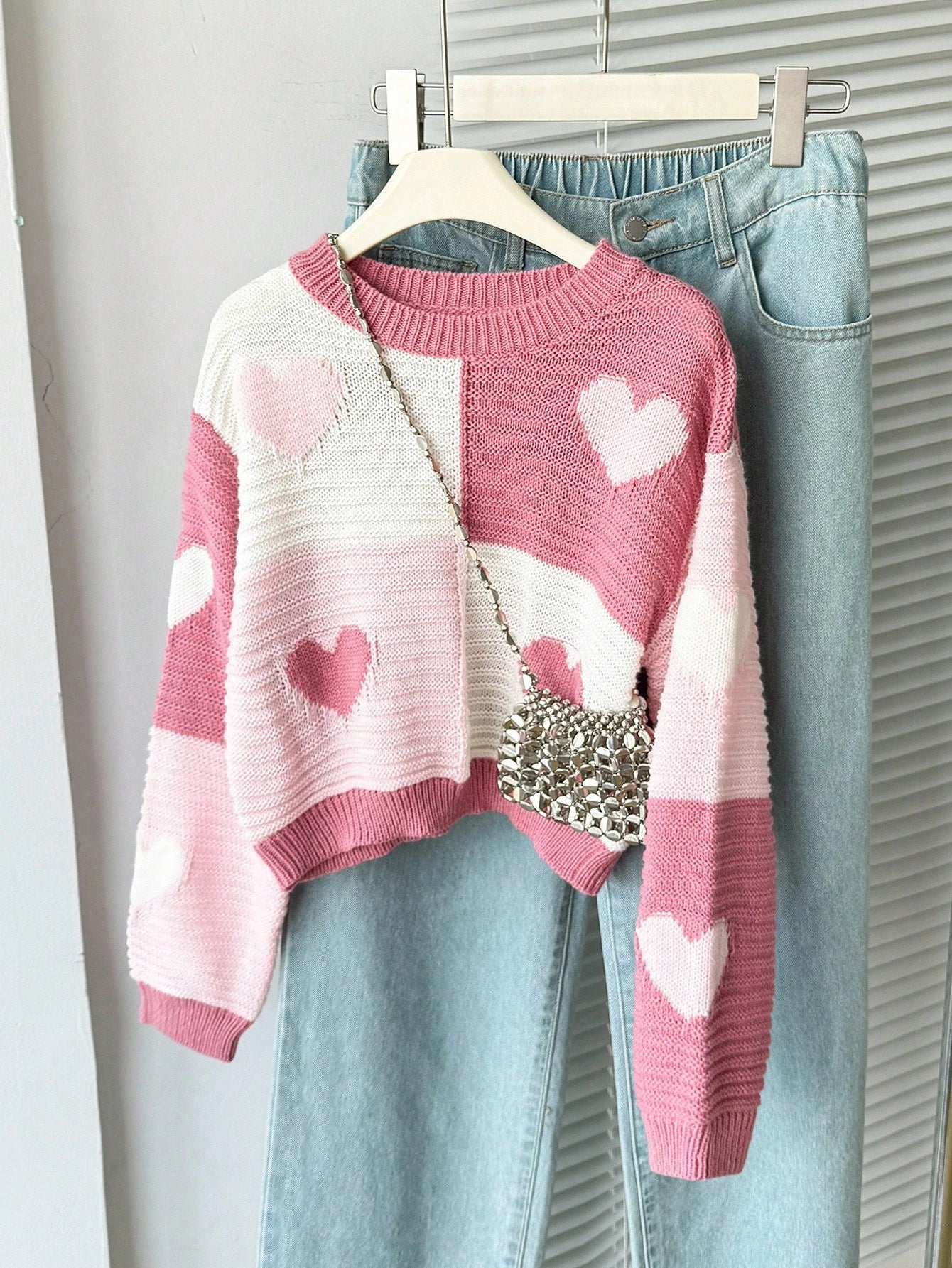Autumn Cute Light Pink Holiday Girls Heart Pattern Crew Neck Knit Sweater,Pink & White Contrast Thick Pullover For Tween Girls,School Daily Casual