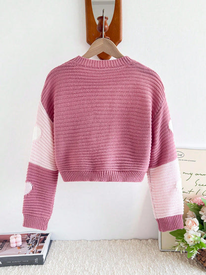 Autumn Cute Light Pink Holiday Girls Heart Pattern Crew Neck Knit Sweater,Pink & White Contrast Thick Pullover For Tween Girls,School Daily Casual