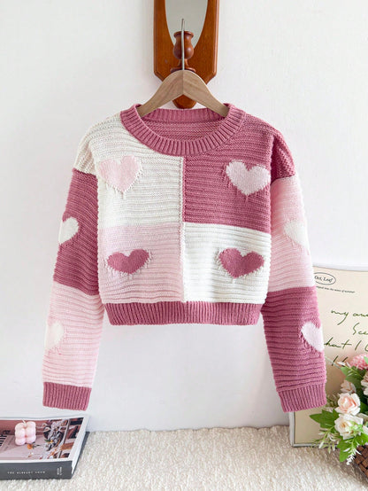Autumn Cute Light Pink Holiday Girls Heart Pattern Crew Neck Knit Sweater,Pink & White Contrast Thick Pullover For Tween Girls,School Daily Casual