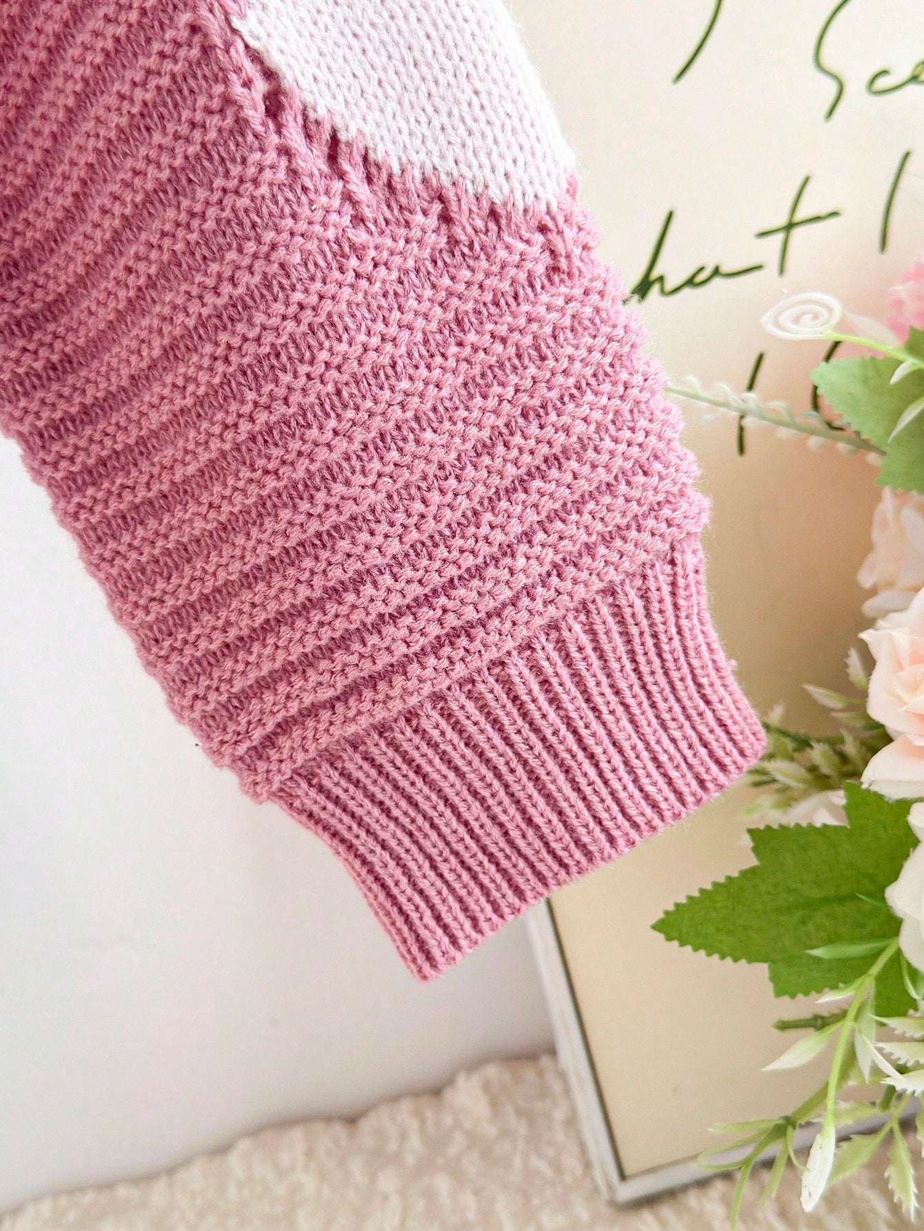 Autumn Cute Light Pink Holiday Girls Heart Pattern Crew Neck Knit Sweater,Pink & White Contrast Thick Pullover For Tween Girls,School Daily Casual
