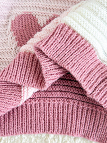 Autumn Cute Light Pink Holiday Girls Heart Pattern Crew Neck Knit Sweater,Pink & White Contrast Thick Pullover For Tween Girls,School Daily Casual