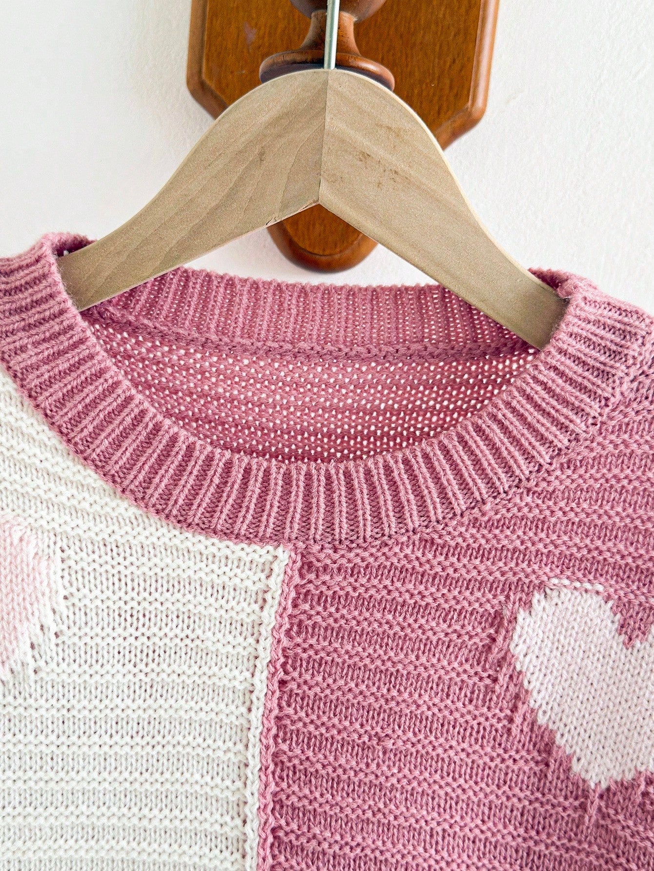 Autumn Cute Light Pink Holiday Girls Heart Pattern Crew Neck Knit Sweater,Pink & White Contrast Thick Pullover For Tween Girls,School Daily Casual