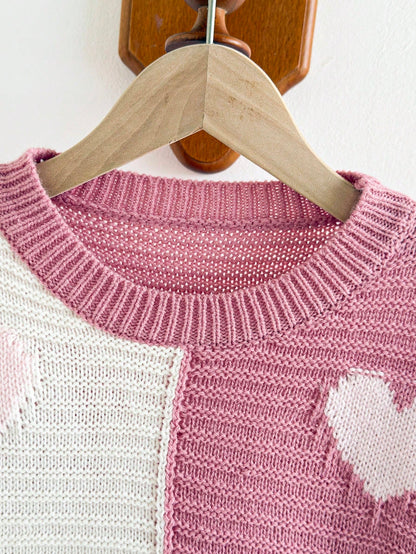 Autumn Cute Light Pink Holiday Girls Heart Pattern Crew Neck Knit Sweater,Pink & White Contrast Thick Pullover For Tween Girls,School Daily Casual