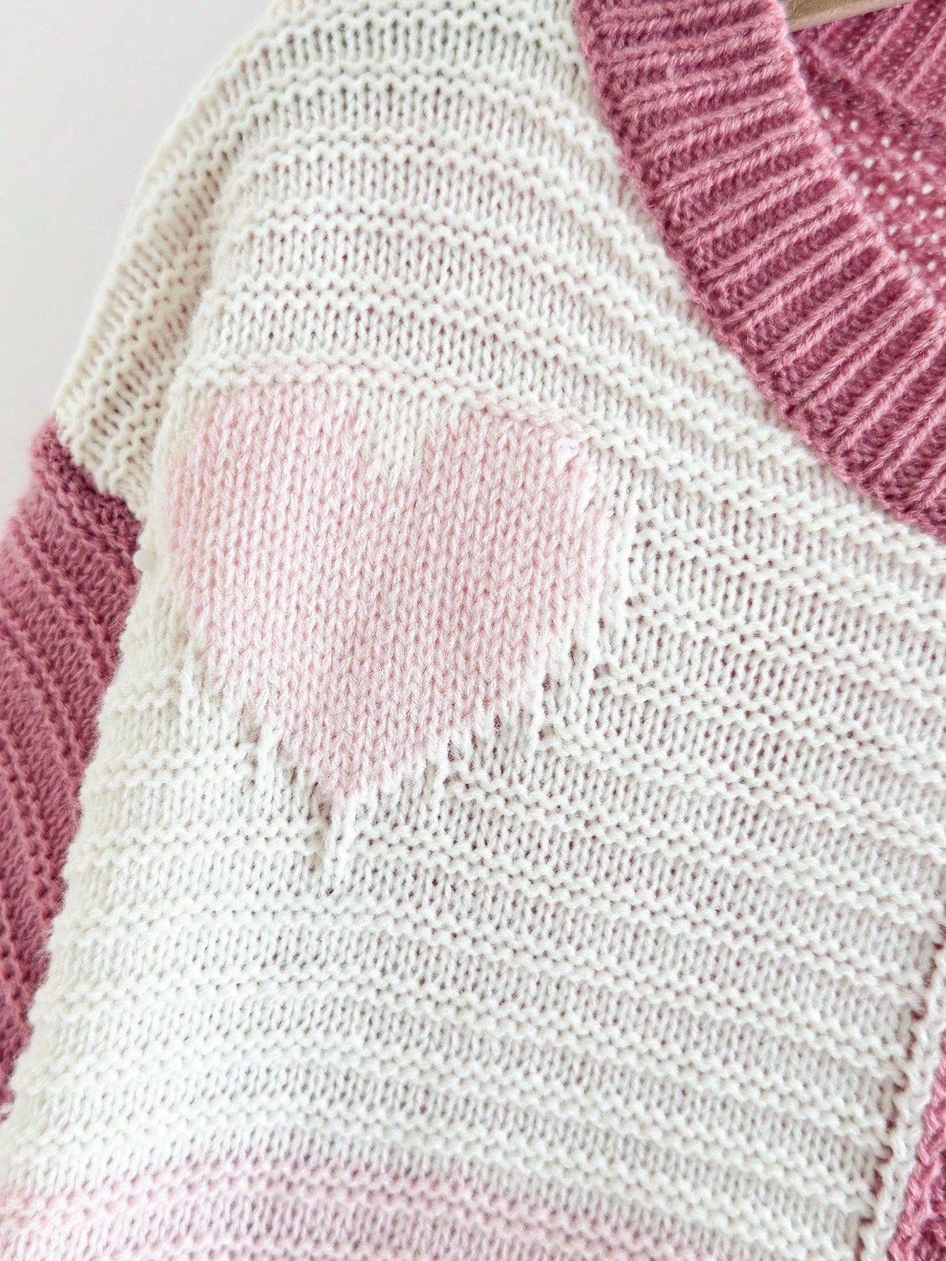 Autumn Cute Light Pink Holiday Girls Heart Pattern Crew Neck Knit Sweater,Pink & White Contrast Thick Pullover For Tween Girls,School Daily Casual